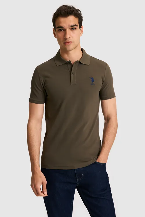 Slim Fit görnüşli, polo ýakaly, goýy haki reňkli, basic erkek adam t-şorty - 34720543