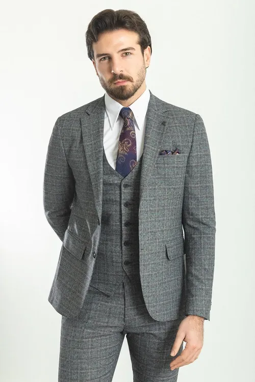 Gara kletka gözenekli slim fit erkek ýüň kostýumy - 27919513