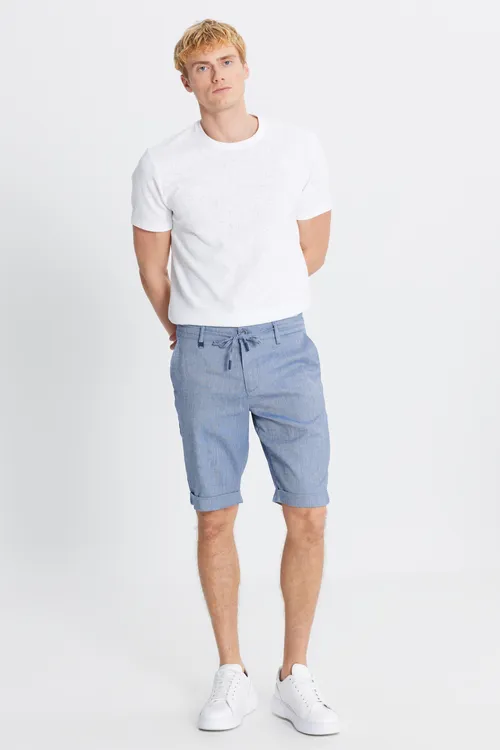 Bürüşme mataly, goýy gök Slim Fit şortusy - 34132975