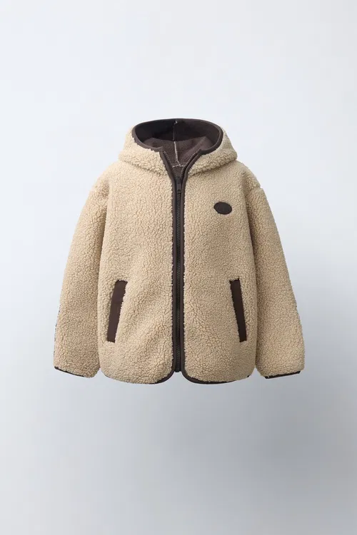 Kapýuşonly emeli ýüňli kurtka - 37231857