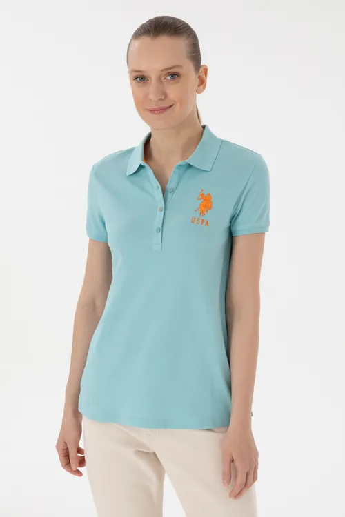 Aýal-gyzlar üçin suw ýaşyly reňkli basic polo ýakaly t-shirt - 34020649