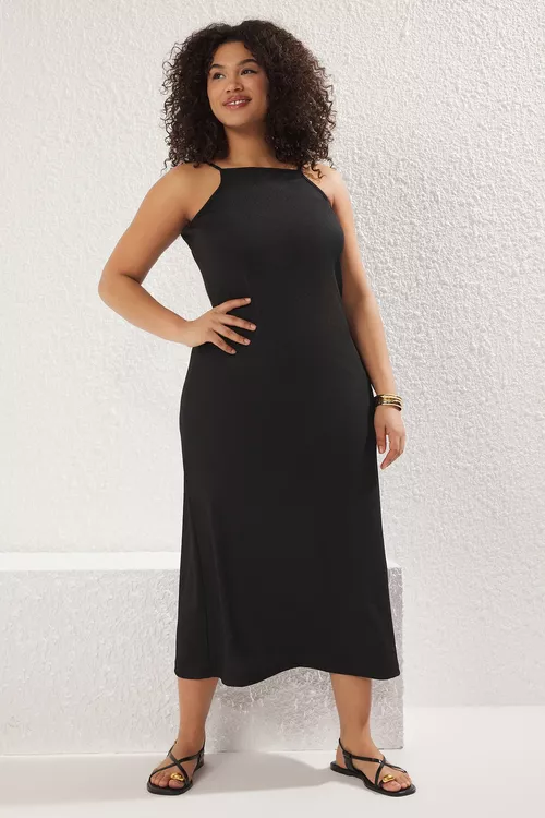 Gara reňkli, halter ýakaly, bürümçik dokumaly, maksi boýly, uly ölçegli trikotaž köýnek TBBSS25AH00006 - 26372466