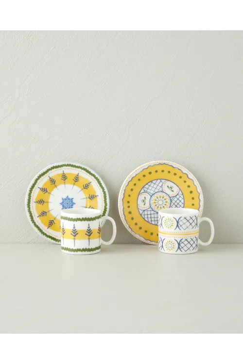 Talavera Garden Bone Porselen 2 adamlyk kofe çaşka toplumy, 4 bölek, 90 ml Açyk gök-ýaşyl-sary - 34293439
