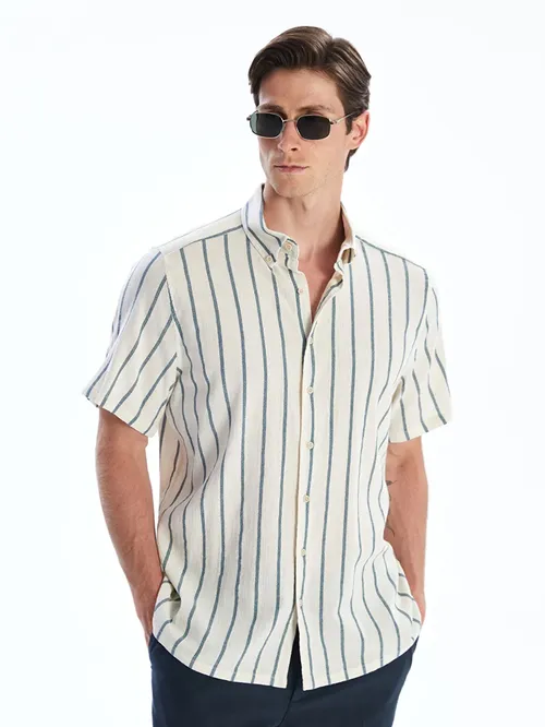 Regular Fit gysga ýeňli zolakly zygyr görnüşli erkek köýnegi - 27906362
