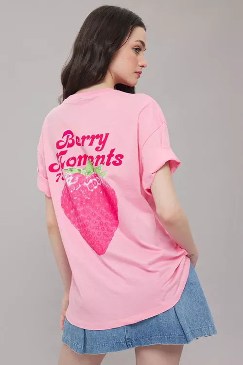 Açyk gülgüne 100% pagta Oversize öňi we arkasy printli trikotaž futbolka TWOSS25TS00077 - 26686558