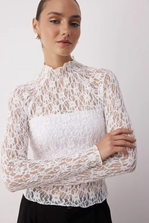 Ekru fitted/bedene oturýan reglan ýeň tor uzyn ýeňli maýyşgak örülen bluzka TWOAW26BZ00048 - 28789792