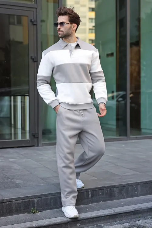 Polo ýakaly, reňk blokly boýalan çal erkek sport lybasy E7368 - 36650763