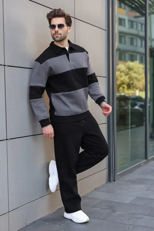 Polo ýakaly, reňk blokly gara erkek sport lybasy E7368 - 36650765