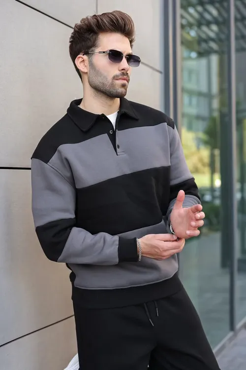 Polo ýakaly, reňk blokly gara erkek sport lybasy E7368 - 36650765 — surat 2/6
