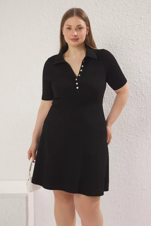 Gara polo ýakaly düwmeli A-line kaşkorse trikotaž uly ölçegli köýnek TBBSS25AH00189 - 27189640