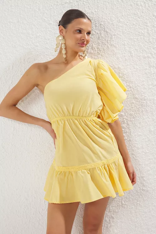 Sary tek omuz mini dokama 100% pagta parpaldakly plaž köýnegi TBESS25EL00073 - 27188721