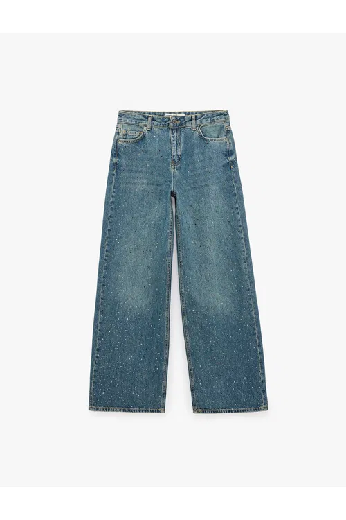 Bol Biçim Pagta Jübili Ilikli Taşlı Jeans Balak- Loose Straight Fit Jean - 37237817