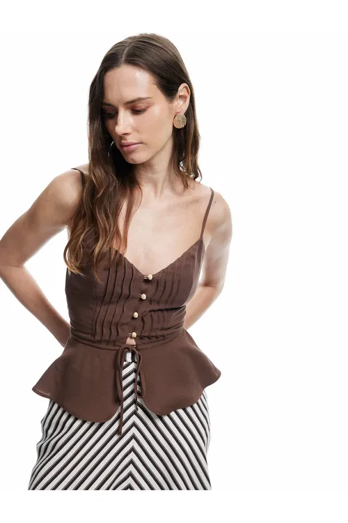 X Melis Ağazat- Ilikli Inçe Kemerli Crop Keten Gatyşykly Peplum Bluzka - 37239471