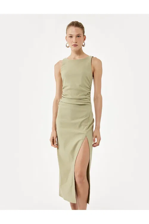 Slim Fit ýeňsiz tegelek ýaka drapeli midi boýly ýyrtmaçly köýnek - 37239442