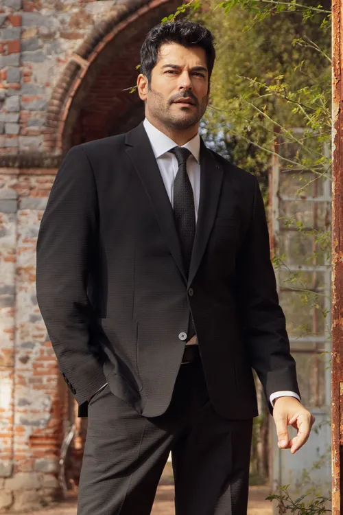 Mono ýakaly, gapak jübüli, çeýe Travel dar kesimli Slim Fit kostyum, gara - 34225560