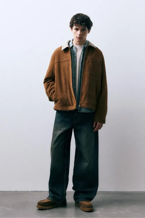 Kontrast ýakaly emeli suede penjegi - 33775662