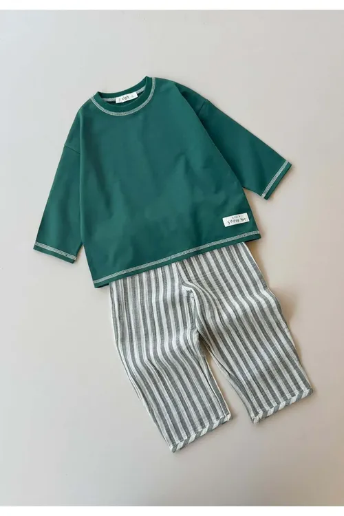 Giň biçüwli muslin balakly toplum 2-10 ýaş Ýaşyl ýogyn çyzykly - 36581530