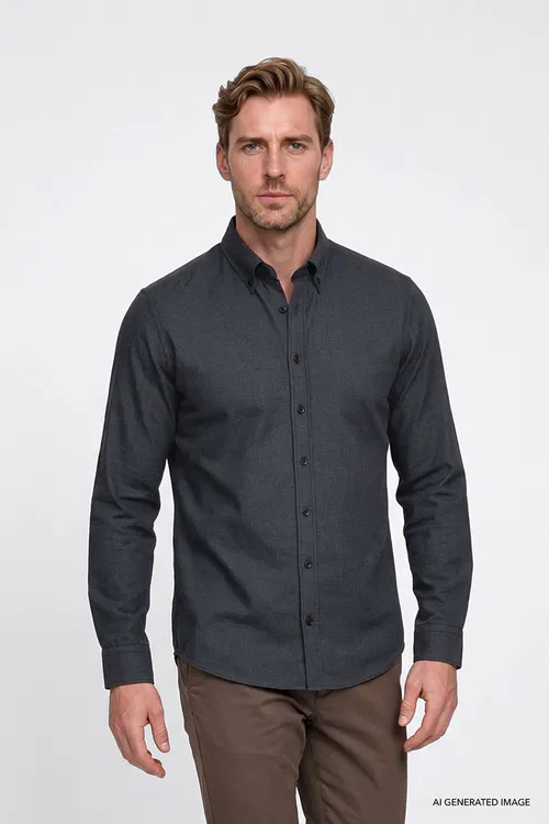 Pagta Ýumşak Dokama Flanel Slim Fit Dar Biçim Ilikli Ýaka Goýy-çal Köýnek - 37239686