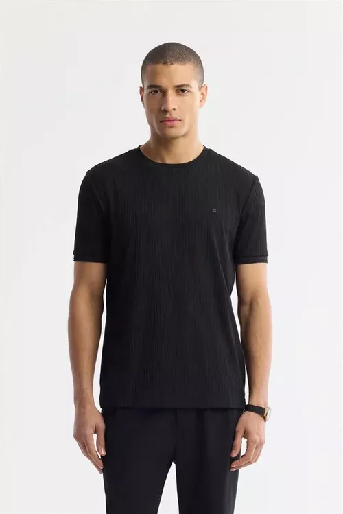 Gara Tegelek Ýaka Jacquard Stilinde Ribana Detally T- Shirt - 27297864