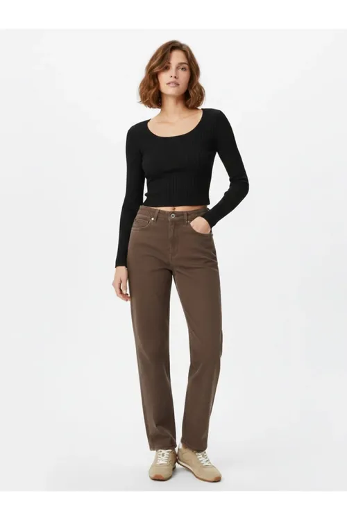 Uzyn ýeňli gaýyk ýakaly crop antrsit sweatshırt - 34316926