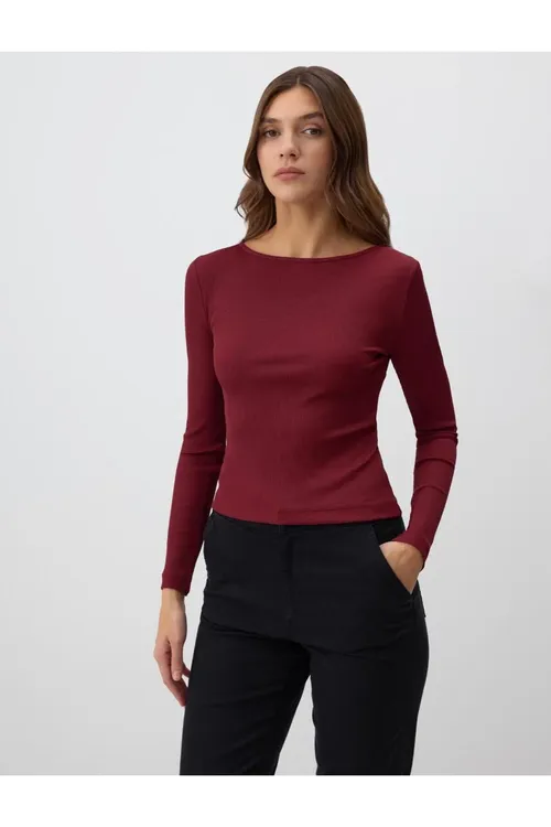 Bordo dar fasonly uzyn ýeňli gaýyk ýaka trikotaž bluzka - 33438155