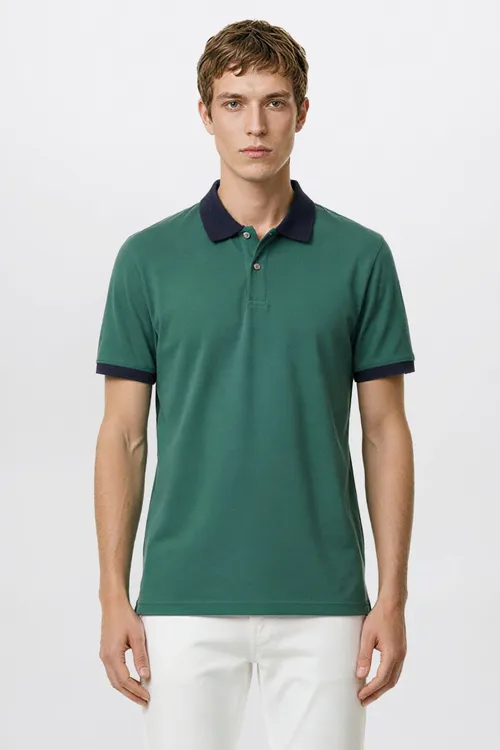 Erkek ýaşyl-goýy gök 100% pagta Slim Fit dar biçüwli polo ýakaly futbolka - 35832570