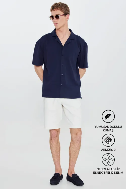 Erkekler üçin goýy gök pagta Comfort Fit giň biçüwli gawaý ýakaly nagyşly örülen köýnek - 35833657