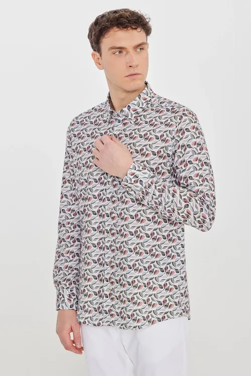 Erkek bež-ýaşyl %100 pagta Slim Fit gysby biçimli düwmeli ýakaly çaply köýnek - 35826174