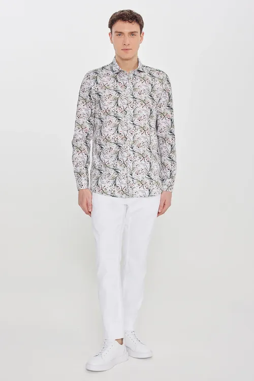 Erkek ak-ýaşyl %100 pagta Slim Fit gysby biçimli uly italýan ýakaly çaply köýnek - 35826170 — surat 2/5