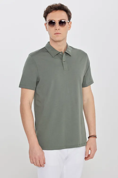 Erkek haki 100% pagta Standart Fit adaty biçüwli polo ýakaly futbolka - 35832571