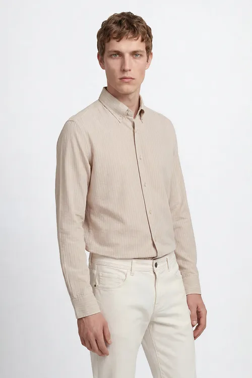 Bež reňkli gofre naköşli travel dar gurluşly ýakasy düwmeli köýnek Tailored Slim Fit - 35804703
