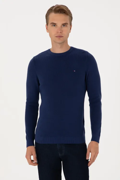 Indigo reňkli slim fit bisiklet ýaka erkek esasy kazak 50313667-VR028 - 36660328