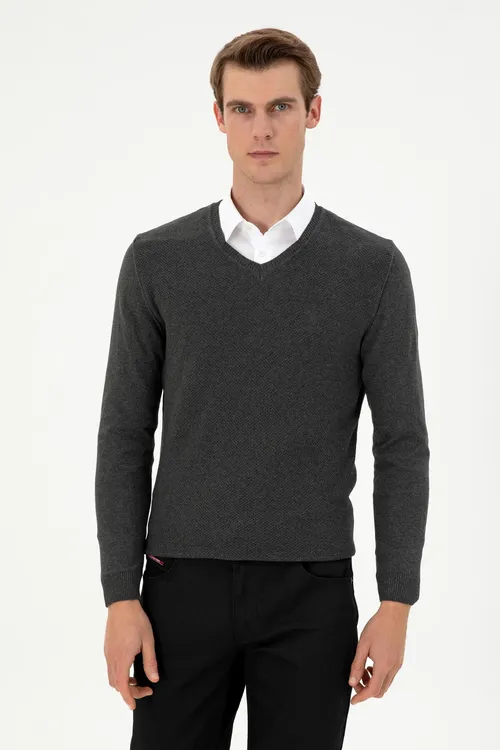 Erkekler üçin Slim Fit V ýaka antrasit melanj bazis switer 50288886-VR081 - 36660928
