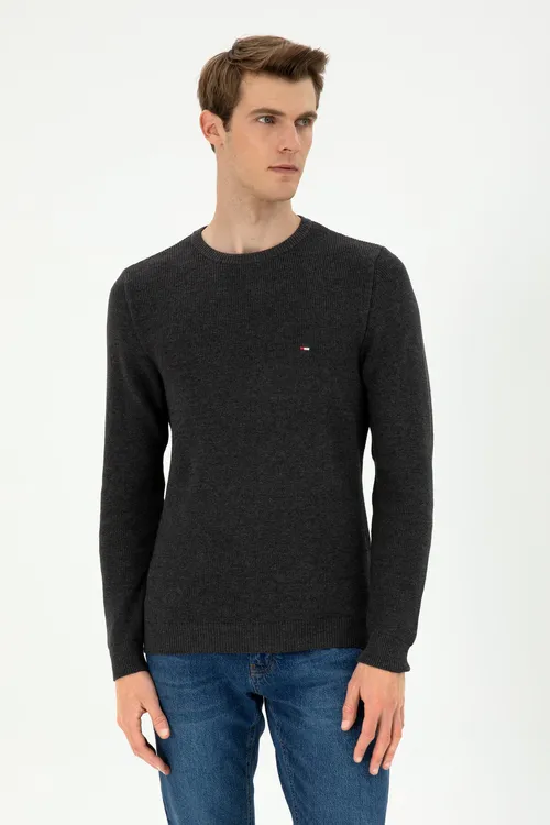 Erkekler üçin Slim Fit ýarym tegelek ýaka antrasit melanj bazis switer 50298282-VR081 - 36660966