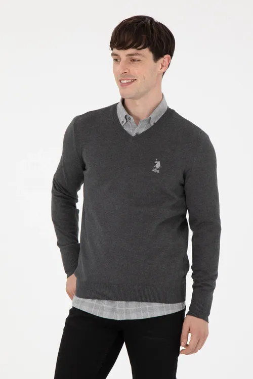 Erkekler üçin Slim Fit V ýaka antrasit melanj bazis switer 50288881-VR081 - 36661028