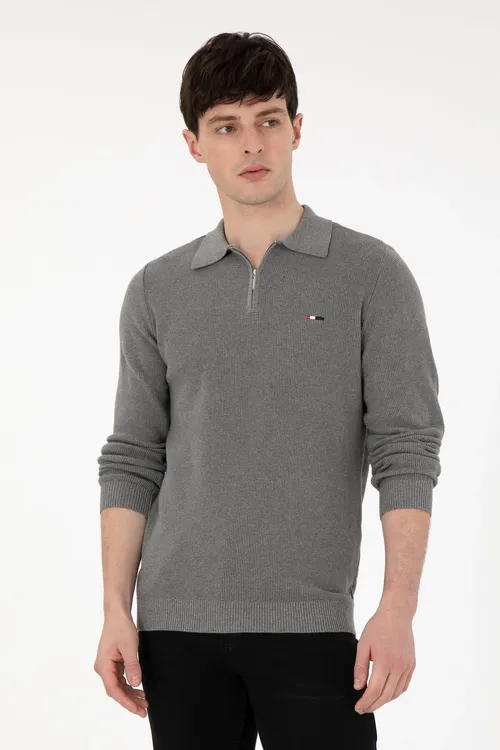 Erkekler üçin Regular Fit ýarym zynjyrly çal melanj bazis switer 50298266-VR086 - 36661225