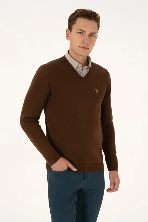 Erkekler üçin Slim Fit V ýaka mele reňkli bazis trikotaj switer 50313662-VR029 - 36660622