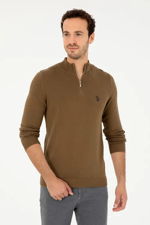 Erkekler üçin Slim Fit ýarym zynjyrly haki bazis switer 50293517-VR027 - 36660864