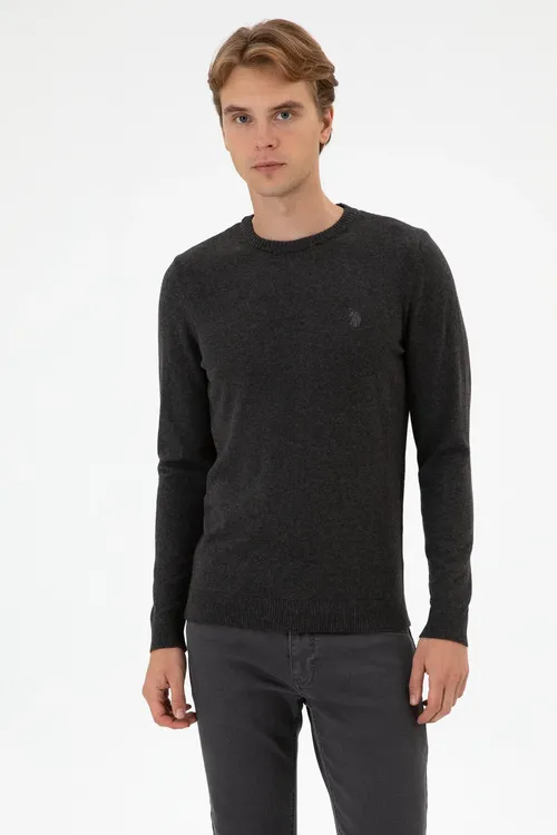 Erkekler üçin Slim Fit ýarym tegelek ýaka antrasit melanj bazis switer 50313713-VR081 - 36661490