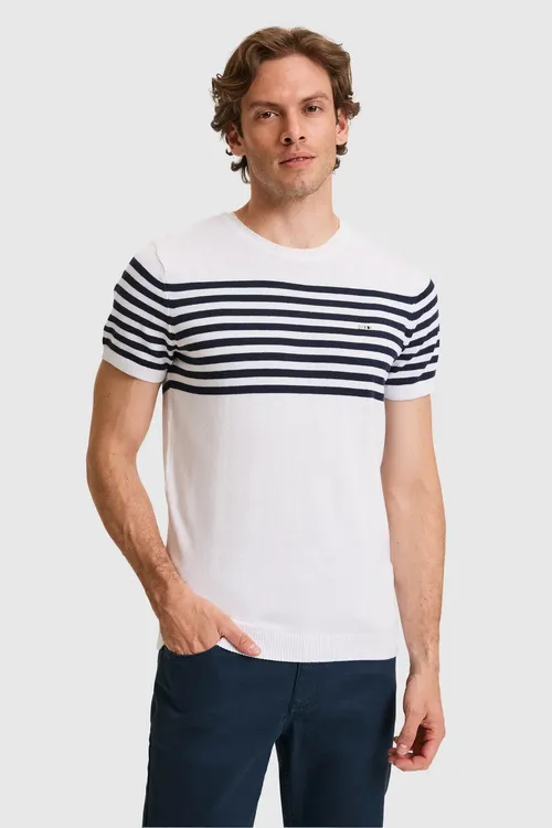 Erkekler üçin ak togalak ýakaly trikotaž futbolka Slim Fit 50325115-VR013 - 36662168
