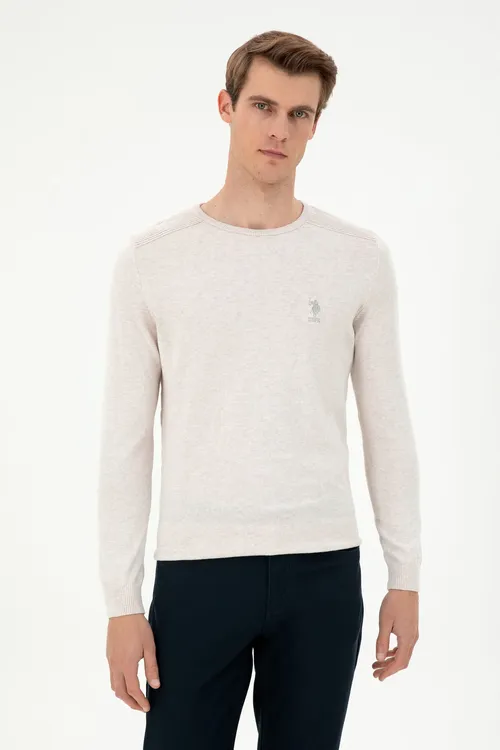 Erkekler üçin Slim Fit ýarym tegelek ýaka daş melanj bazis switer 50288888-VR225 - 36660923