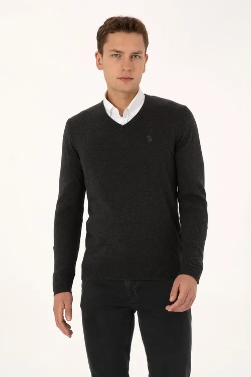 Erkekler üçin Slim Fit V ýaka antrasit melanj bazis trikotaj switer 50313662-VR081 - 36660624