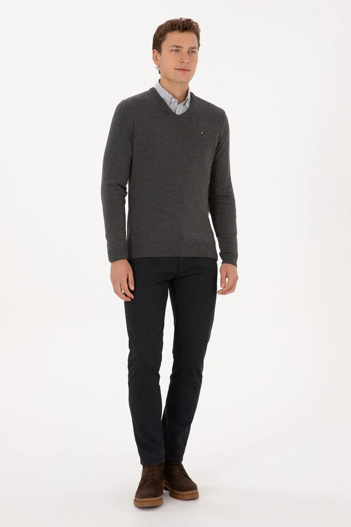 Erkekler üçin Slim Fit V ýaka antrasit melanj bazis switer 50313668-VR081 - 36660601 — surat 4/7