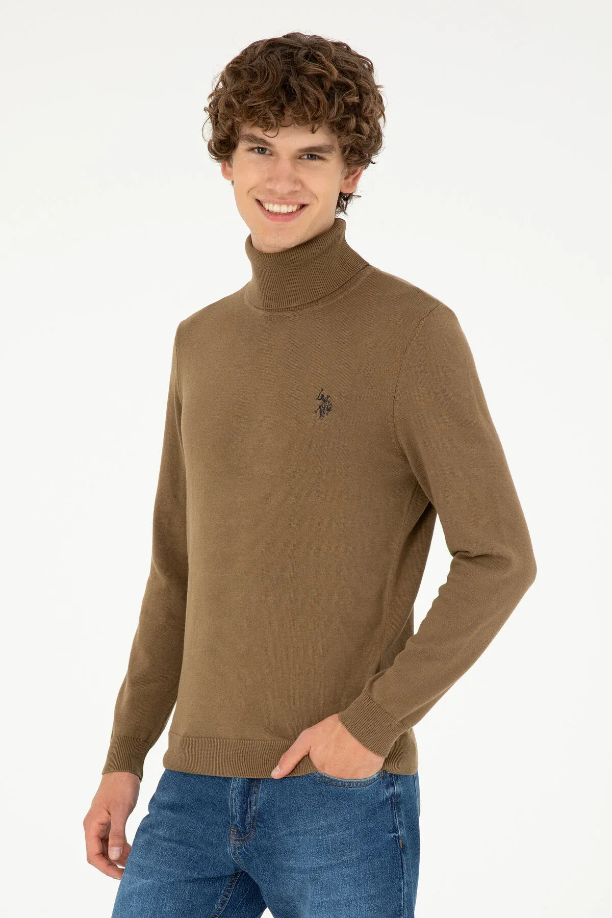 Erkekler üçin Slim Fit ýokary ýaka haki bazis switer 50293523-VR027 - 36660894 — surat 1/7