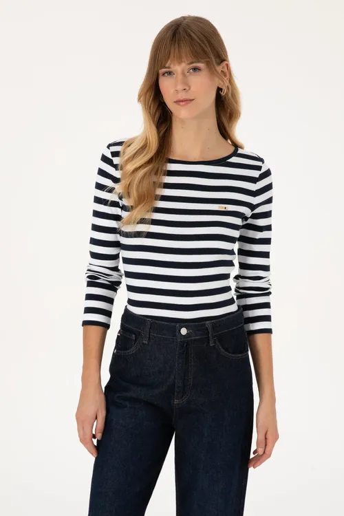 Aýal-gyzlar üçin goýy gök zolakly togalak ýakaly switşot 50314203-VR033 - 36662566