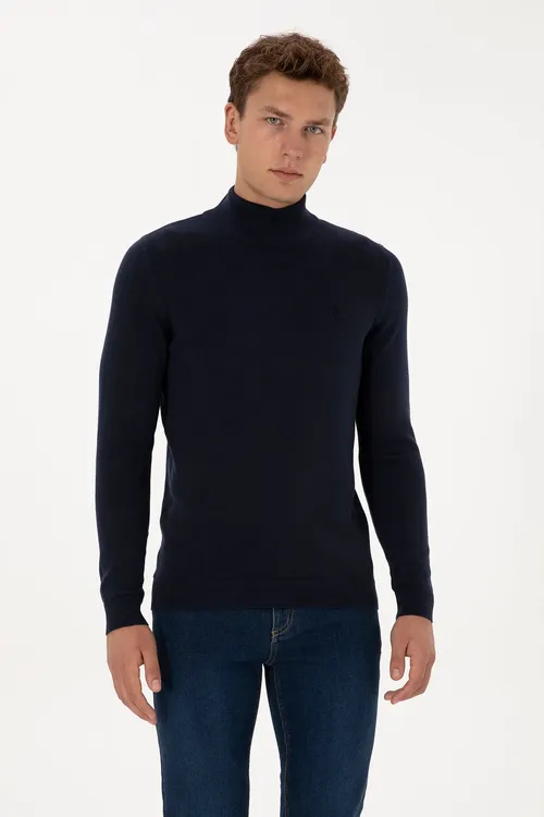 Goýy gök reňkli slim fit ýarym bogazly erkek esasy kazak 50307783-VR033 - 36660338