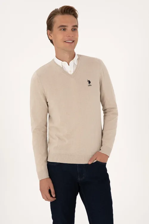 Erkekler üçin Slim Fit V ýaka daş melanj bazis switer 50288881-VR225 - 36661331