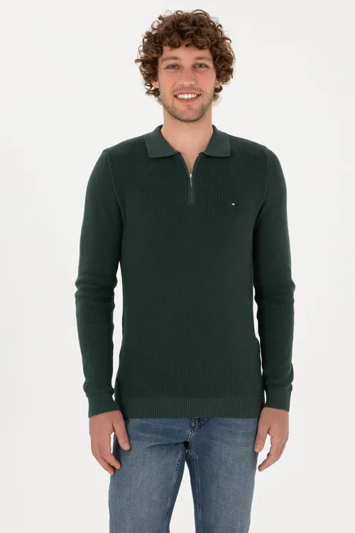 Erkekler üçin Regular Fit ýarym zynjyrly goýy ýaşyl bazis switer 50313685-VR079 - 36661405