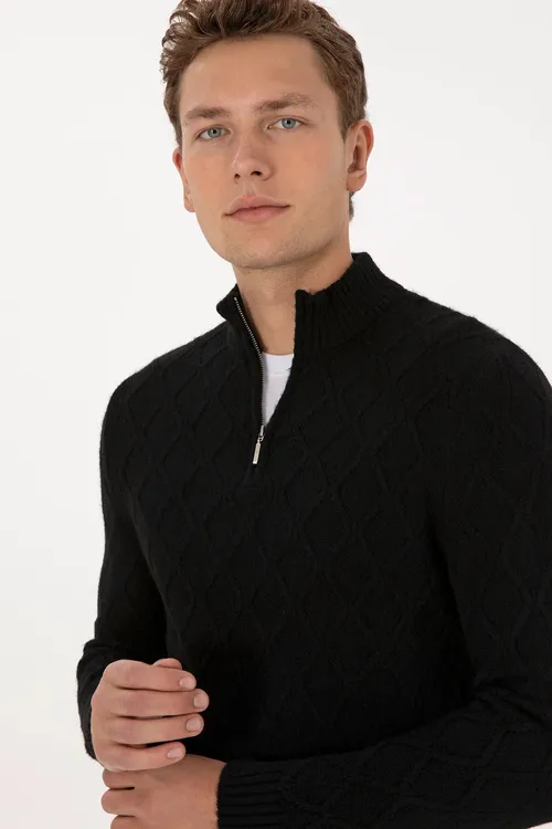 Gara reňkli nagşly regular fit ýarym ýöremeli erkek kazak 50315035-VR046 - 36660515 — surat 2/7