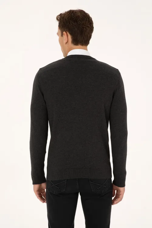 Erkekler üçin Slim Fit V ýaka antrasit melanj bazis trikotaj switer 50313662-VR081 - 36660624 — surat 5/7